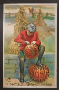 Unposted Halloween Postcard of Boy Carving Jack-O-Lantern