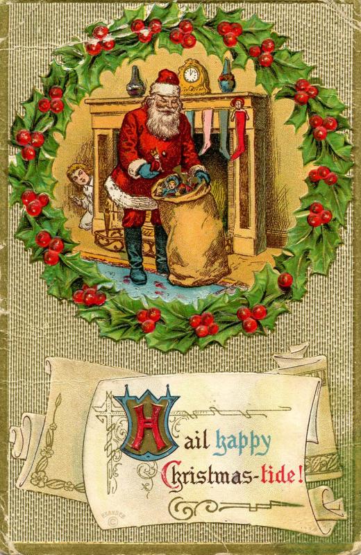 Greetings - Christmas, Santa Claus (red suit). Card has considerable wear