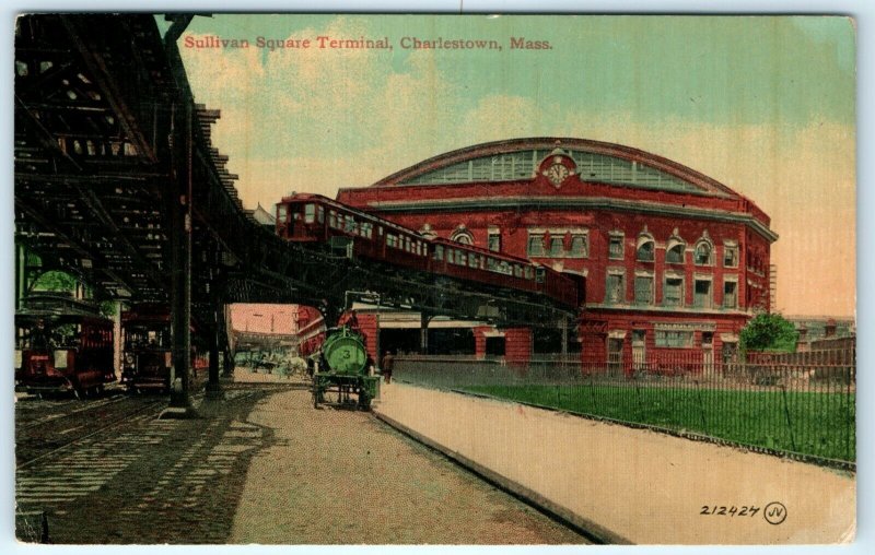 c1900s Charlestown MA Sullivan Square Terminal Photo Postcard Trolley Bridge A6