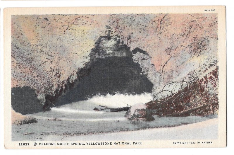 WY Yellowstone Park Dragons Mouth Spring Vtg Haynes Linen 1922 Postcard Wyoming