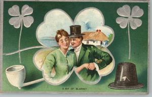 St Patricks Day Couple Hat Pipe c1910 Postcard