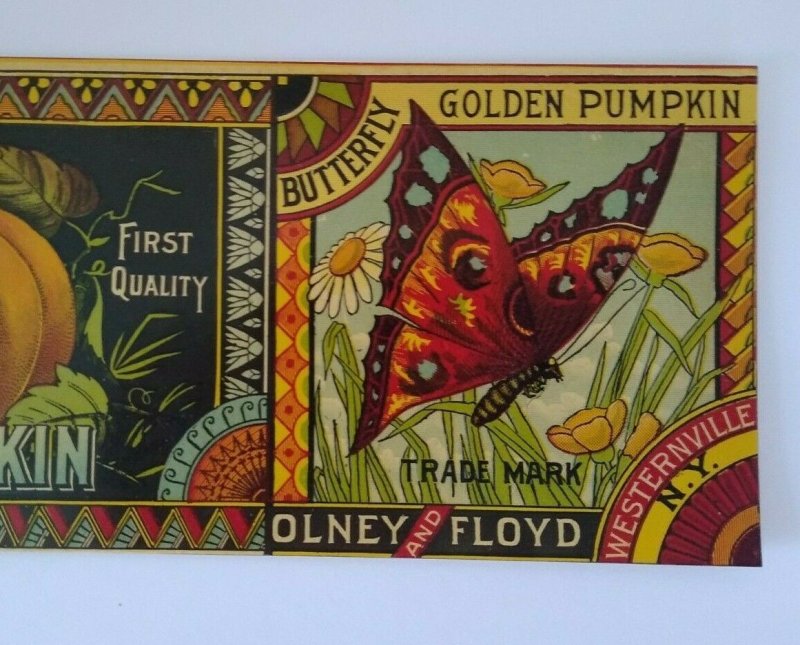 Butterfly Brand Golden Pumpkin Patch Halloween 1890's Food Can Label Lithograph 