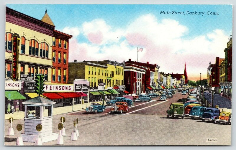 Danbury Connecticut~Main Street~Feinson's Clothing Store~Traffic Cop in Box~1940 