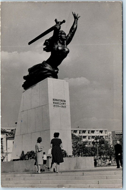 c1960s Heroes of Warsaw, Poland RPPC Nike Greek Sculpture Strong Woman WWII 1G