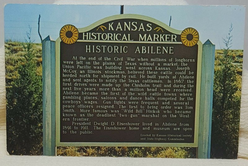 Historical Mile Marker Abilene Kansas Vintage Postcard