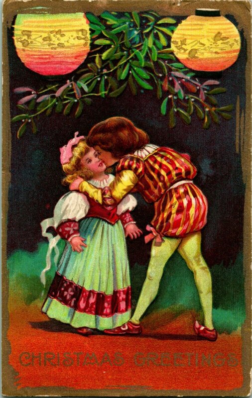 Vtg Cartolina 1910 Auguri di Natale che Bacia Sotto Vischio Lanterne Goffrato