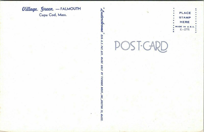 Village Green Falmouth Cape Cod Massachusetts MA Postcard Tichnor VTG UNP Unused