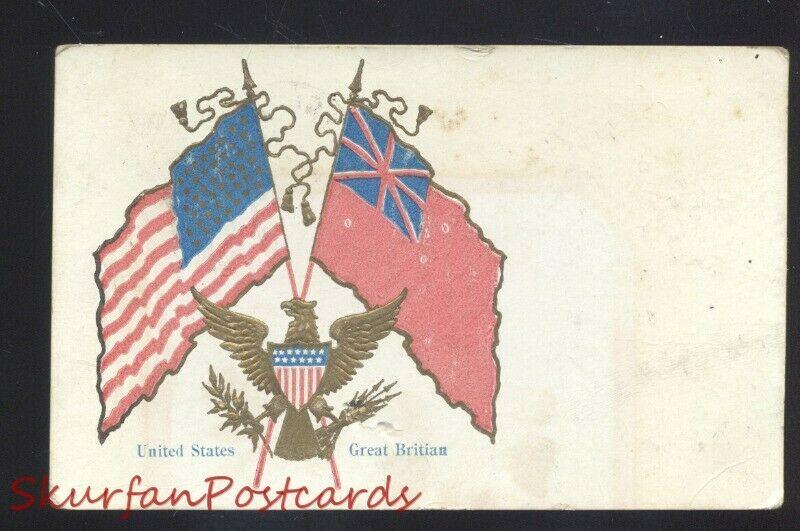 UNITED STATED & GREAT BRITAIN FLAG WWI ALLIES ANTIQUE VINTAGE POSTCARD