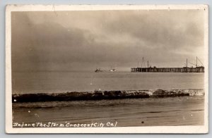 Crescent City CA RPPC Before The Storm Ships Dock Beach Postcard L24