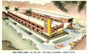 Birdseye San Diego California 1950s Town House Lodge Postcard Frye Smith 3978