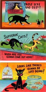3~ca1940's Vintage LINEN Postcards  BLACK CAT COMICS~HUMOR  Mouse~Bird~Goldfish