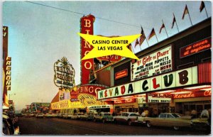 VINTAGE POSTCARD NEVADA CLUB OF LAS VEGAS ON FREMONT STREET ROWS OF CLASSIC CARS