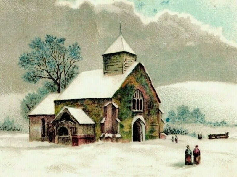 1880's Wolfe's Factory Shoe House Church Winter Snow Scene 7H