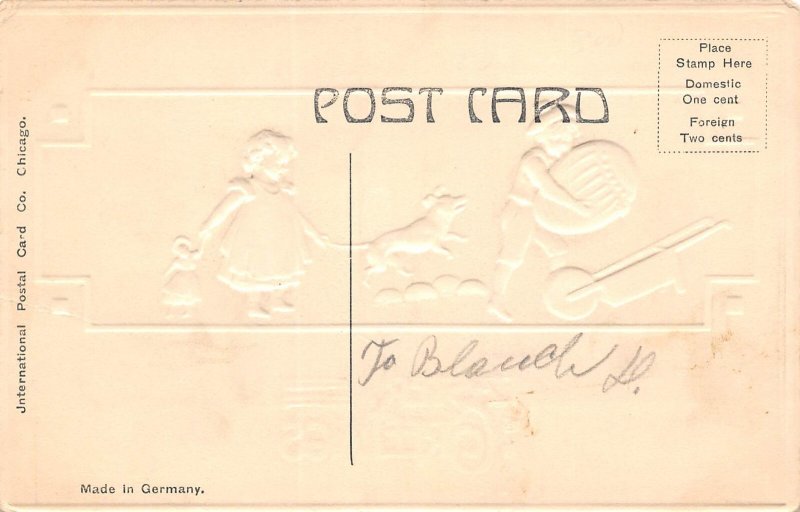 Easter Greetings Children With Dog, Doll, & Easter Egg, Embossed, PC U11842