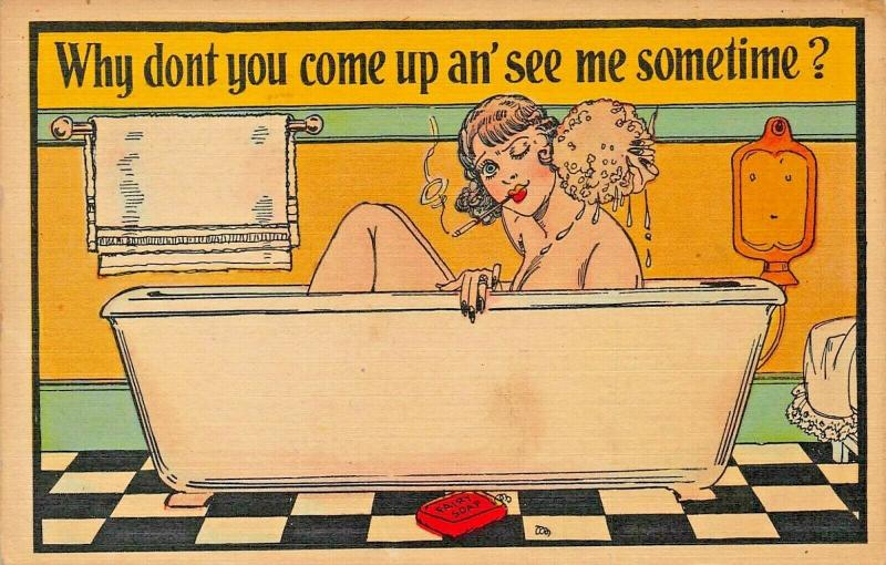 WHY DON'T YOU COME UP AN' SEE ME SOMETIME-SEXY WOMAN BATHING 1940s POSTCARD