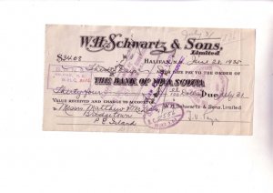 Cheque, Postage Stamp, WH Scwartz & Sons Herbs, Spices, Halifax Nova Scotia 1935