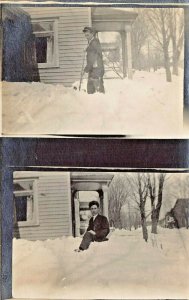 MAN SHOVELING DEEP SNOW IN FRONT OF HOUSE~DOUBLE IMAGE~1910s REAL PHOTO POSTCARD