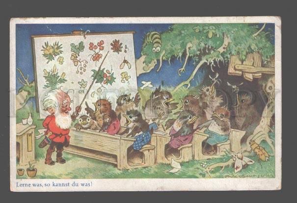 081199 GNOME Elf w/ BIRDS & Beetle by BAUMGARTEN vintage PC