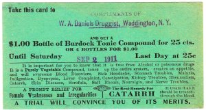 Brooks Drug Company Burdock Tonic Compound coupon - 1911