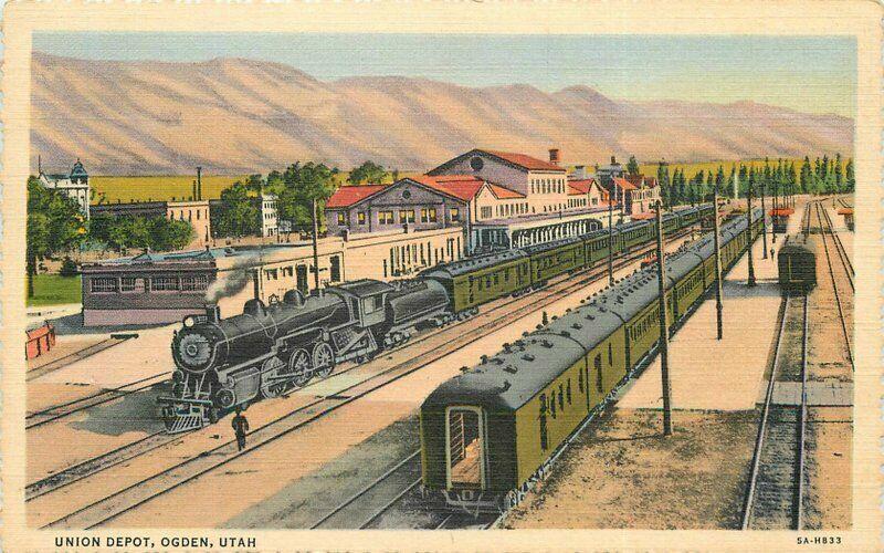 Ogden Utah 1930s Union Depot Postcard Train Southern Teich linen 1755