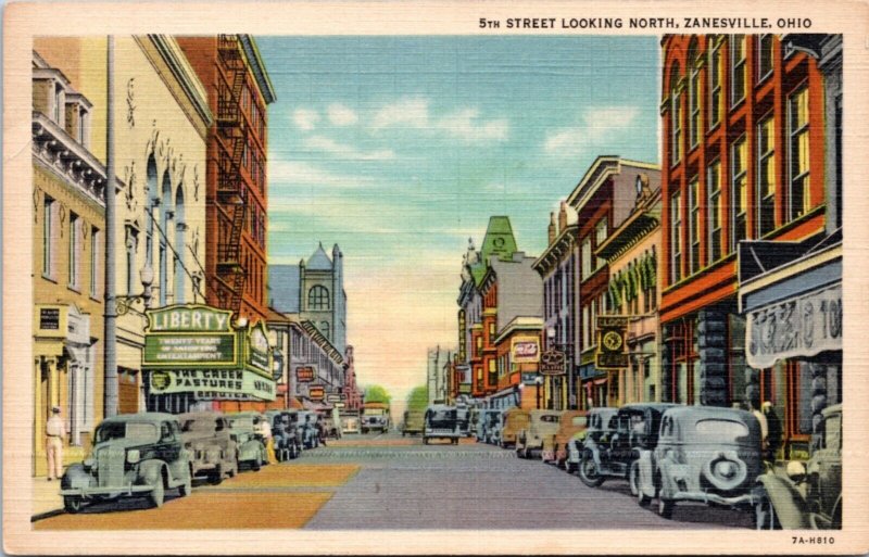 Postcard OH Zanesville - 5th Street Looking North  - old cars Liberty theatre