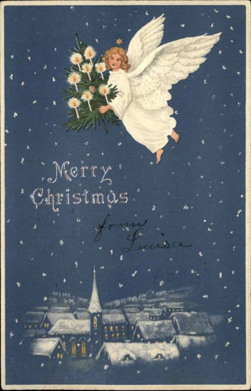 CHRISTMAS Beautiful Little Girl Angel Flies Over Village c1910 Postcard