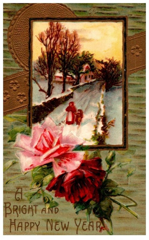 New Year ,  Winter , snowy road, roses