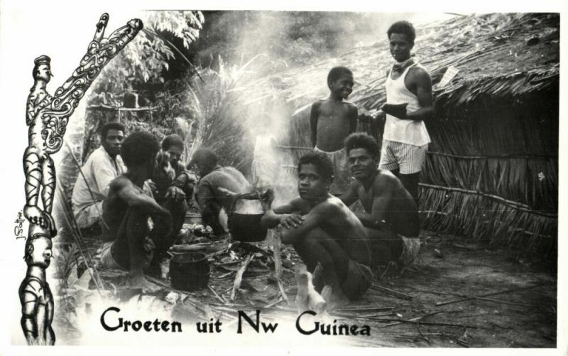 New Guinea, Native Papua Men around the Cooking Pot (1950s) RPPC