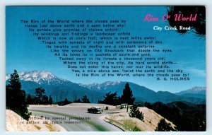 RIM O' the WORLD, CA  ~ Beautiful CITY CREEK ROAD View, Poem c1950s Car Postcard