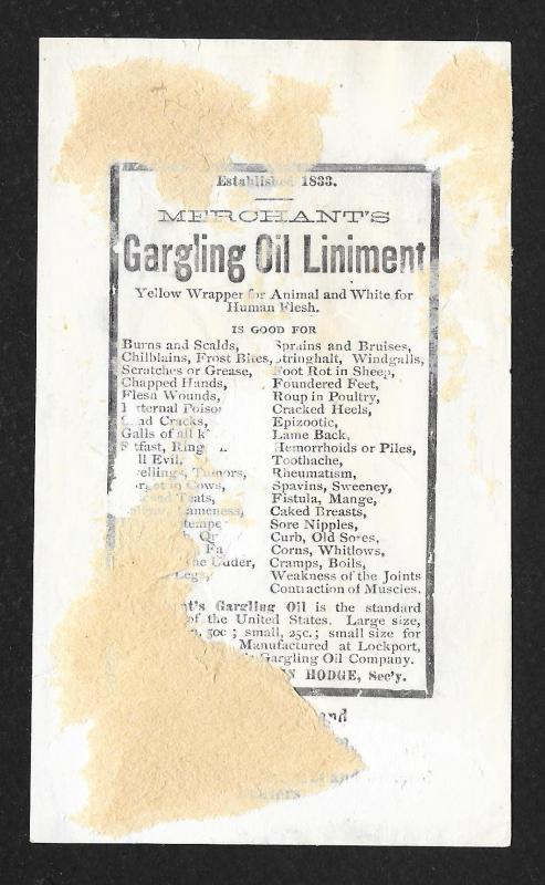 VICTORIAN TRADE CARD Gargling Oil Liniment Fence Sign Men/Dog/Boy  c/late 1800s