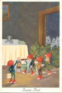 New Year greetings postcard 1923 Switzerland dwarfs with lamp and Christmas tree