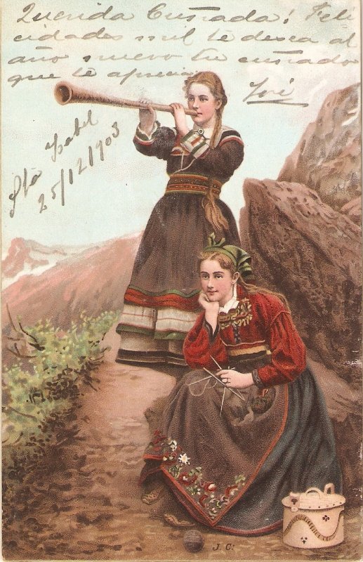 Two ladies in typical dress, in moiuntain Old vintage antique German Postcard