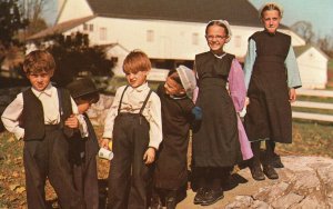 Vintage Postcard Frolicking Amish Children Wear Clothes Patterned Styles Penn.