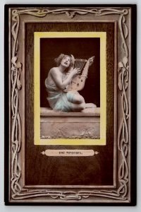 RPPC Pretty Lady Goddess with Lyre Harp The Minstrel Tinted Photo Postcard L37