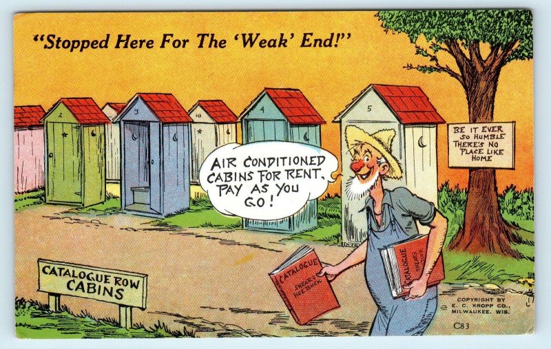 OUTHOUSE HUMOR Linen Comic: Stopped here for the WEAK End!  1948  Postcard