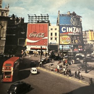 Piccadilly Circus London 1970s POSTCARD Coca Cola ADVERTISING Skol Volkswagon