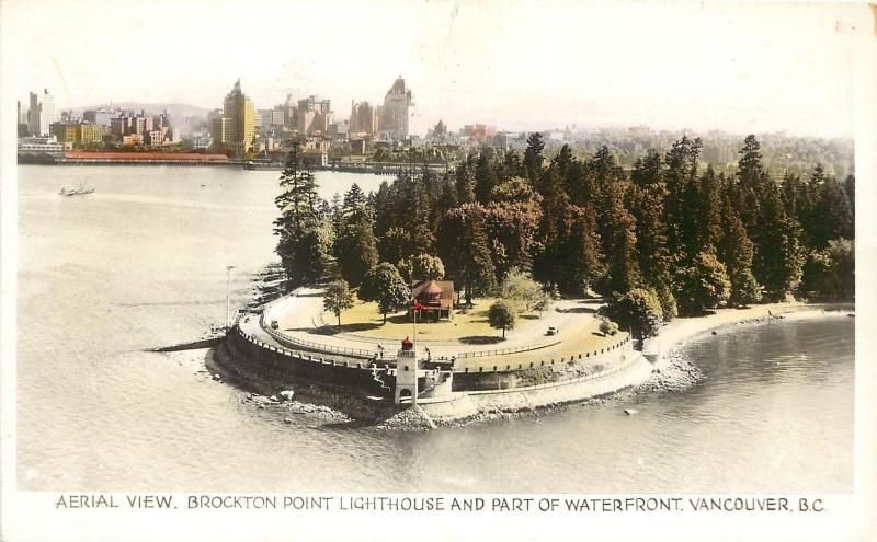 Hand-Colored RPPC; Air View Brockton Point Lighthouse & Waterfront Vancouver BC