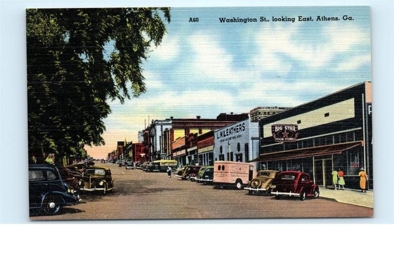 Athens GA Washington Street Big Star Food Store Cars Vintage Linen Postcard C16