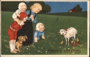 Easter Children Baby Dog Admire Lamb Embossed c1900s-10s Postcard