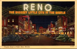 Nevada Reno Virginia Street and Reno Arch At Night 1943 Curteich