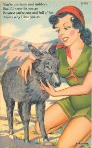 1940s Sexy Pin up Burro humor Saying linen Teich postcard 11691