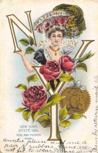 New York State Girl Seal Rose Flower 1908 postcard