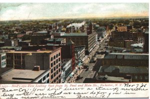 VINTAGE POSTCARD BIRD'S EYE VIEW OF AT. PAUL & MAIN STREETS ROCHESTER NEW YORK 1