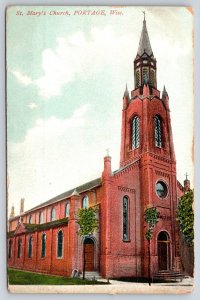 Portage Wisconsin~St Marys Church Street View~Steeple~Bosselman Vintage Postcard