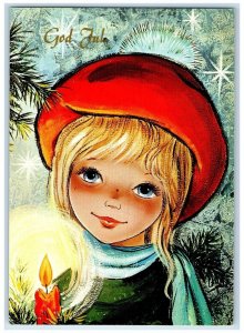 c1930's Merry Christmas Pretty Girl Candle Light Norway Vintage Postcard