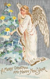 Christmas New Year Greetings Angel Tree Candles Embossed c1910s Vintage Postcard