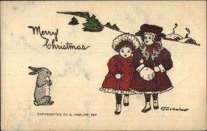 Christmas - Grace Harlow - Children & Rabbit in Snow c1910 Postcard