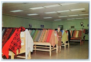 c1960's Wooden Mill Woolen Goods Salesroom Amana Iowa IA Unposted Woman Postcard