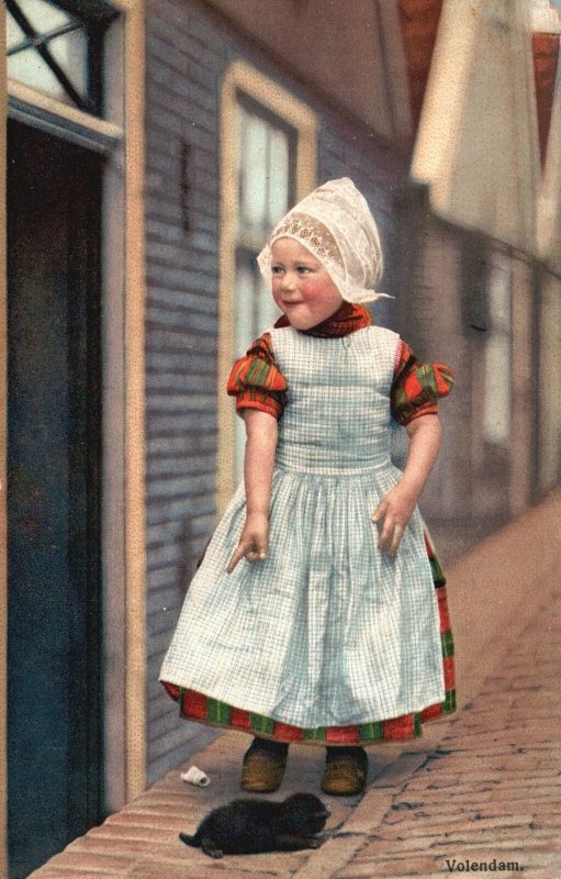 Vintage Postcard 1910's A Volendam Girl in Dress with Cute Posing on the Street