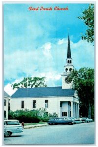 c1950 First Parish Church Clock Tower Building Classic Car Billerica MA Postcard